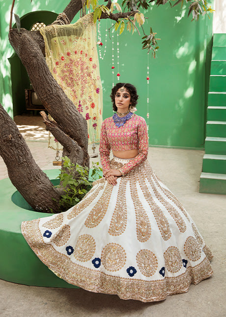 Pakistani Ivory Embellished Raw Silk Lehenga (3-Piece) - Image 3
