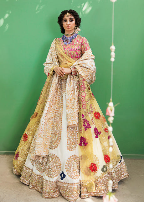 Pakistani Ivory Embellished Raw Silk Lehenga (3-Piece) - Image 5