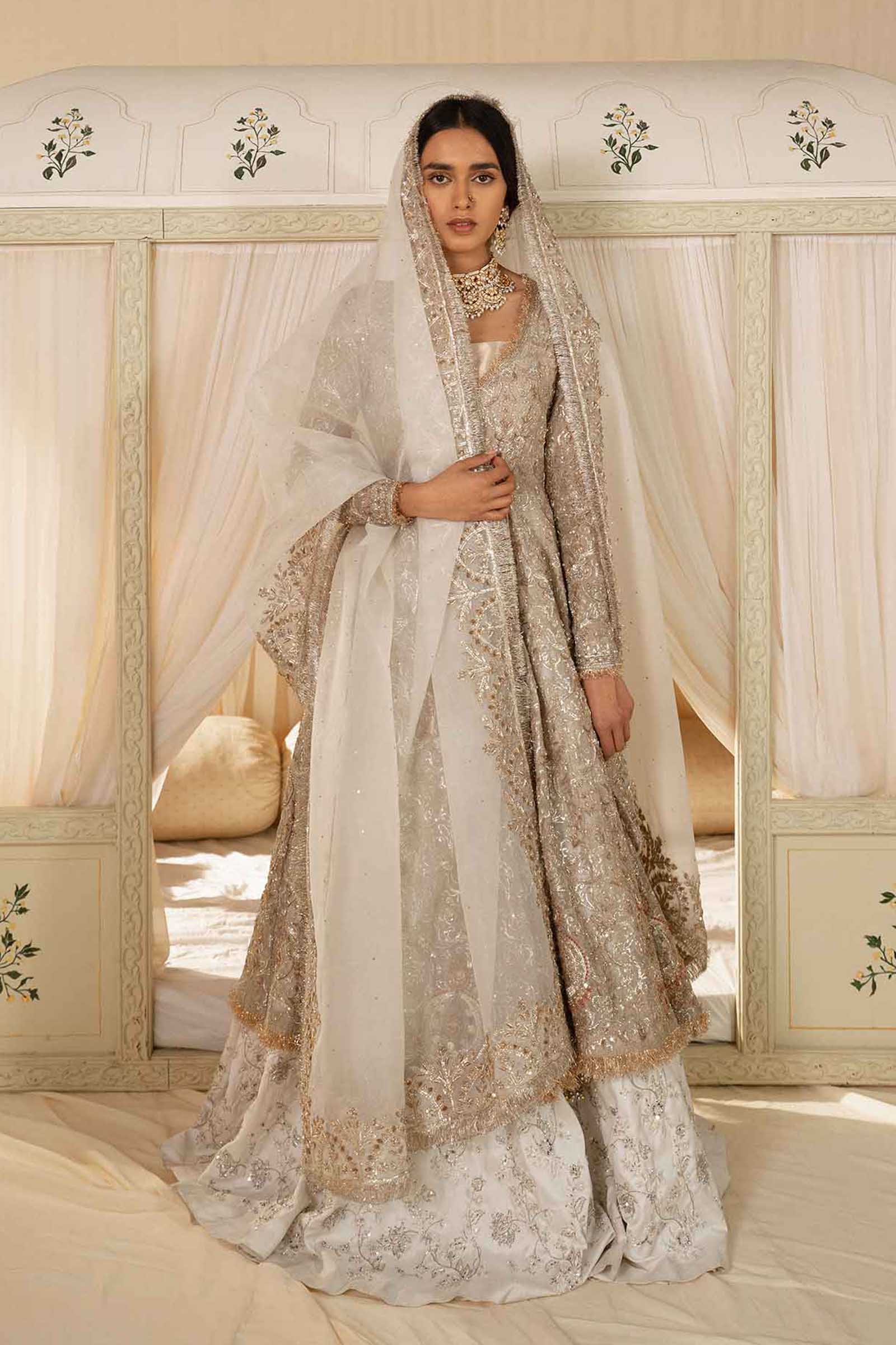 Pakistani Ivory Embellished Tissue Angrakha Lehenga (3-Piece) - Image 1