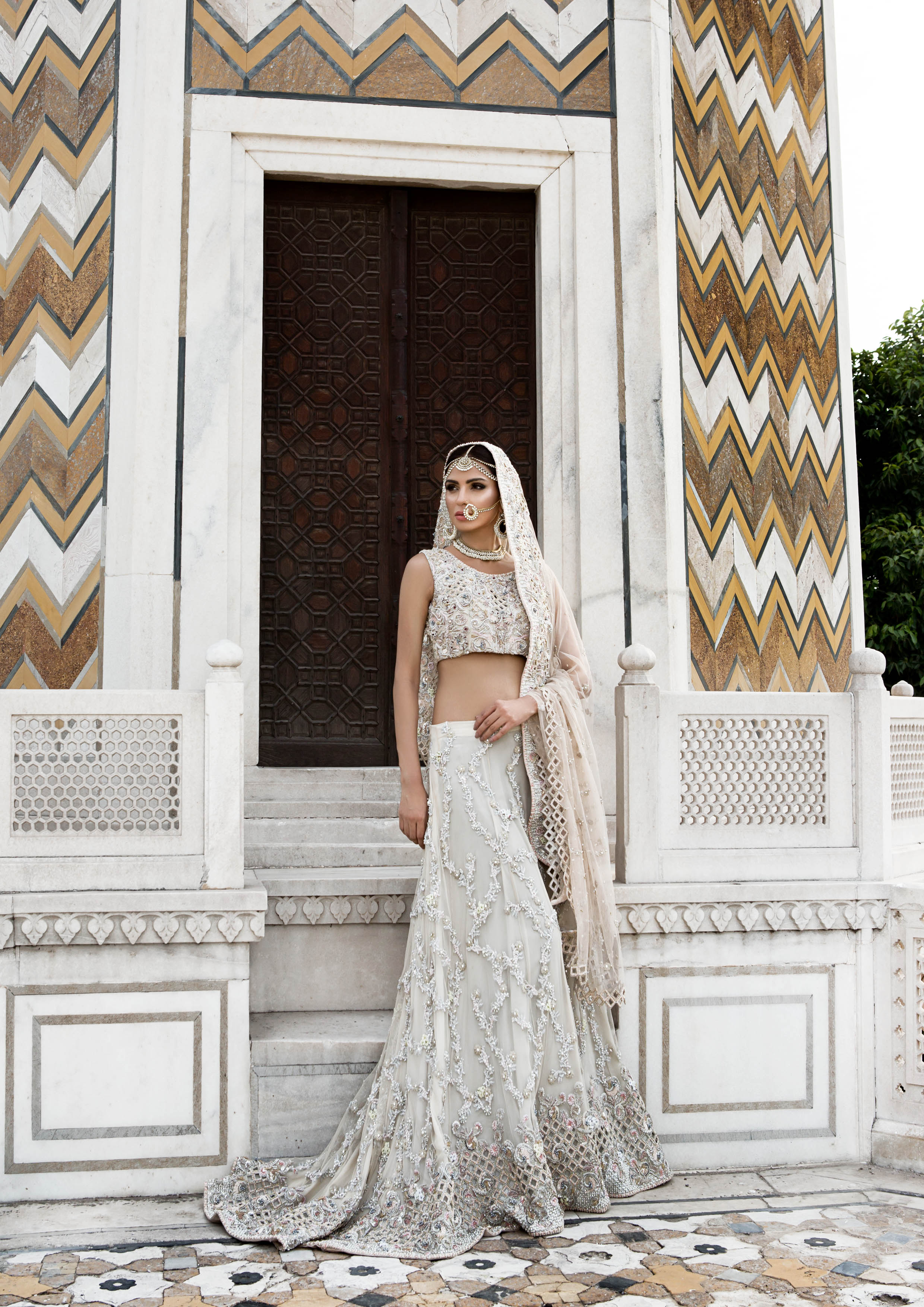 Pakistani Ivory Embellished Raw Silk Lehenga Set (3-Piece) - Image 1