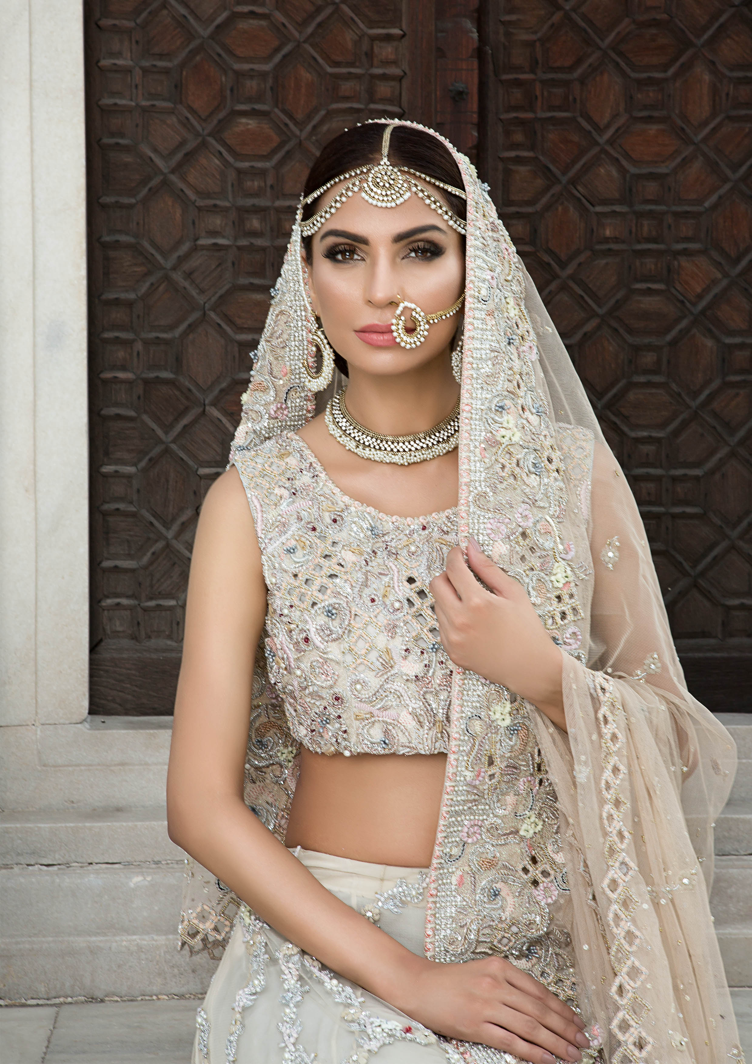 Pakistani Ivory Embellished Raw Silk Lehenga Set (3-Piece) - Image 2