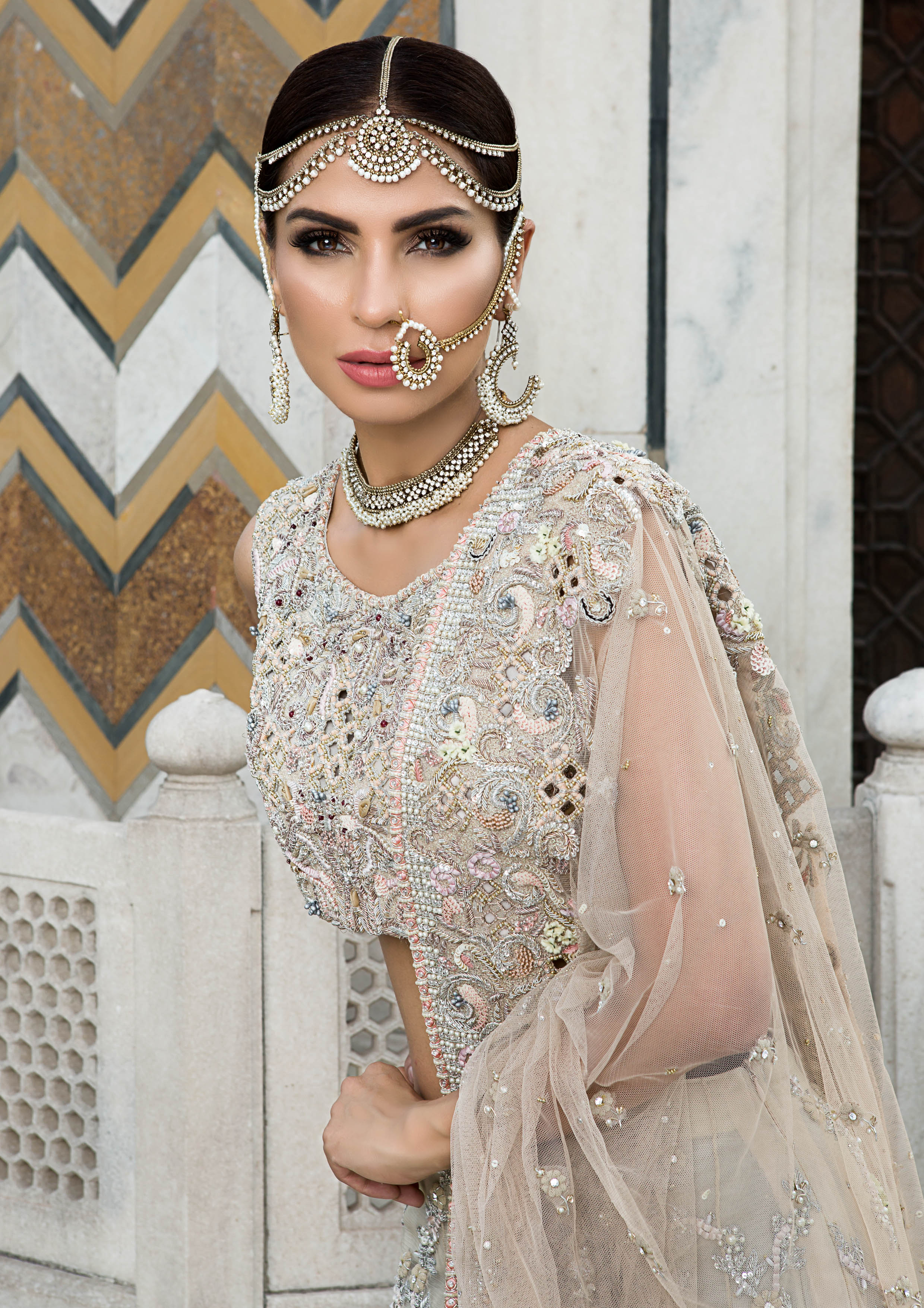 Pakistani Ivory Embellished Raw Silk Lehenga Set (3-Piece) - Image 3