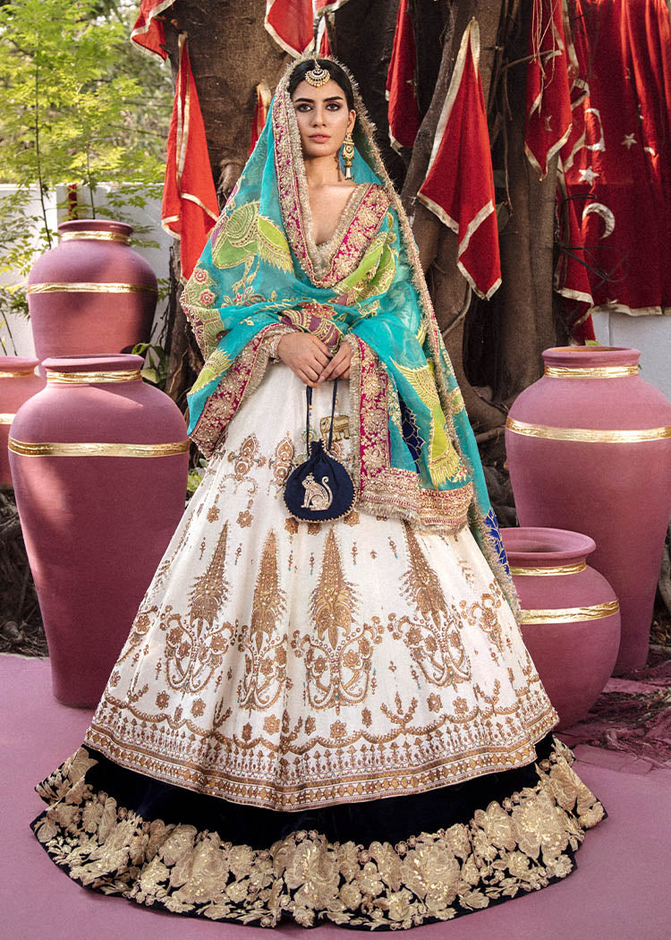Pakistani Ivory Embroidered Raw Silk Pishwas Lehenga (4-Piece) - Image 1