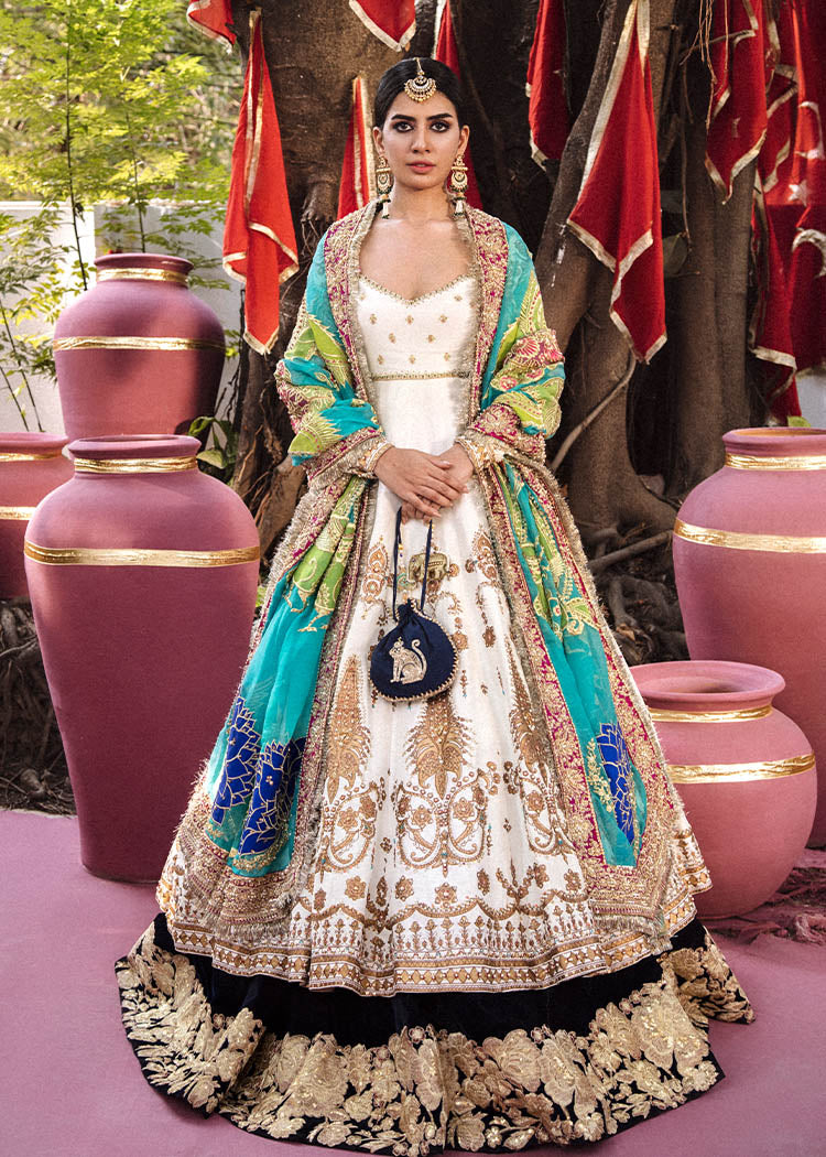 Pakistani Ivory Embroidered Raw Silk Pishwas Lehenga (4-Piece) - Image 5