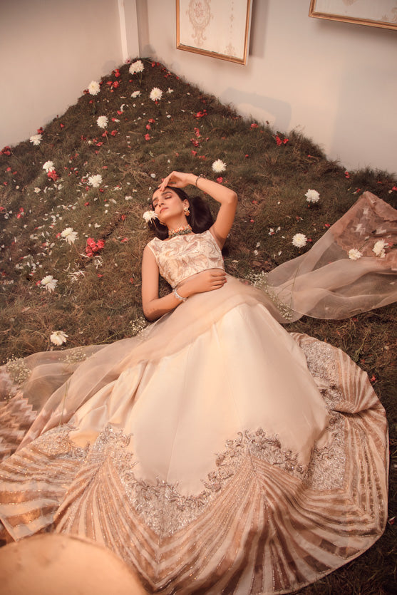 Off-White Embroidered Raw Silk Lehenga (3-Piece) - Image 1