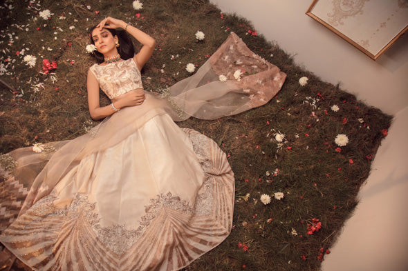 Off-White Embroidered Raw Silk Lehenga (3-Piece) - Image 2