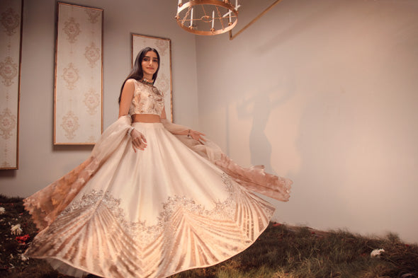 Off-White Embroidered Raw Silk Lehenga (3-Piece) - Image 3