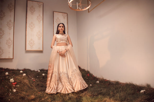 Off-White Embroidered Raw Silk Lehenga (3-Piece) - Image 4