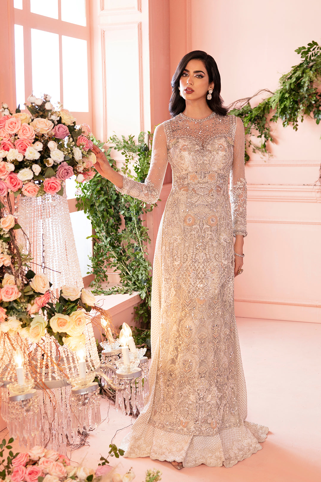 Pakistani Ivory Embroidered Net & Raw Silk Lehenga (2-Piece) - Image 1