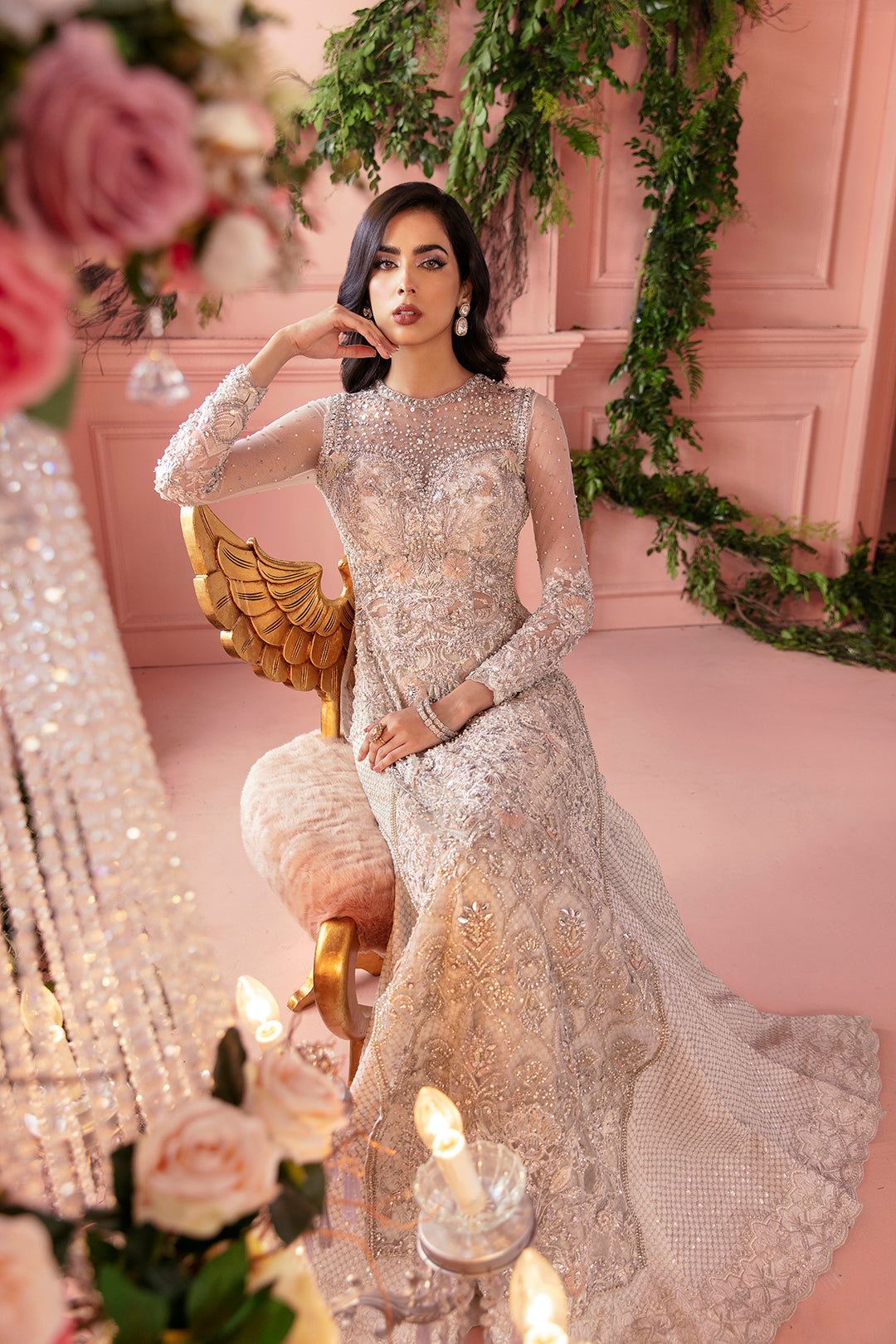 Pakistani Ivory Embroidered Net & Raw Silk Lehenga (2-Piece) - Image 3