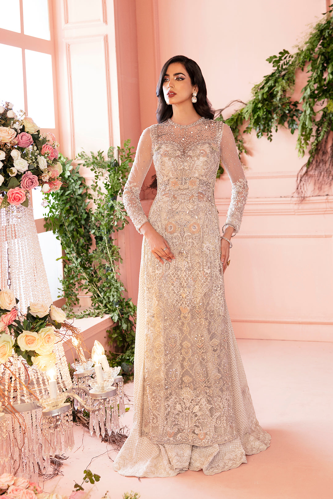 Pakistani Ivory Embroidered Net & Raw Silk Lehenga (2-Piece) - Image 4