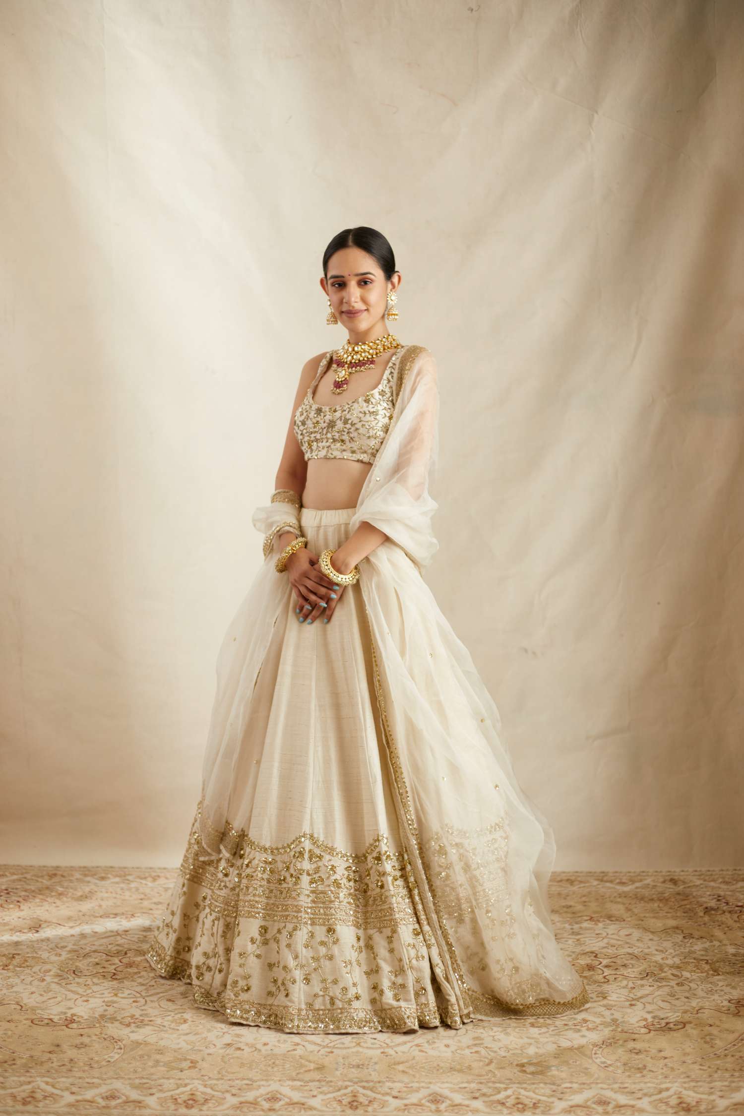 Indian Off White Embroidered Raw Silk Lehenga Set (3-Piece) - Image 1