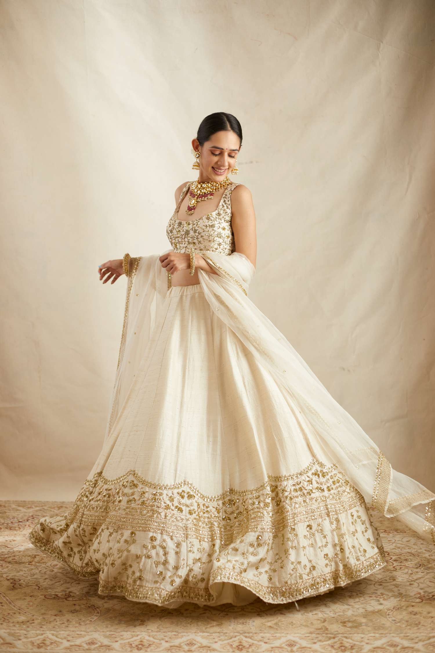 Indian Off White Embroidered Raw Silk Lehenga Set (3-Piece) - Image 2