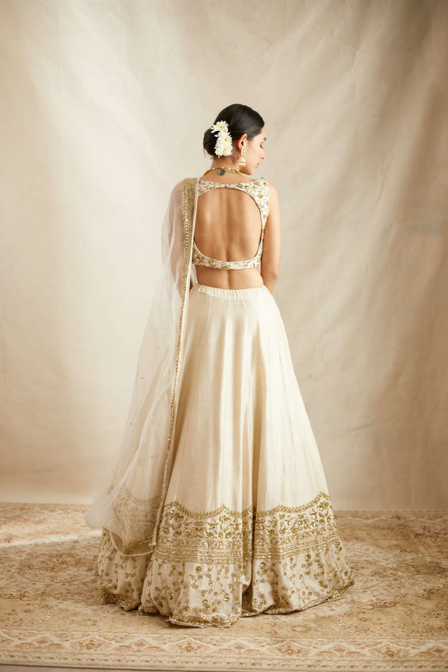 Indian Off White Embroidered Raw Silk Lehenga Set (3-Piece) - Image 3