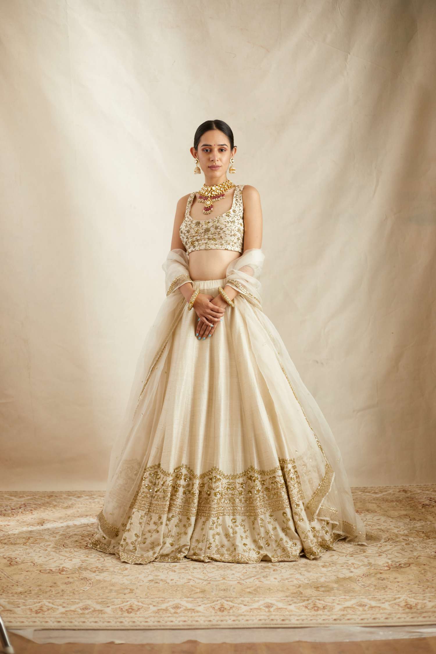 Indian Off White Embroidered Raw Silk Lehenga Set (3-Piece) - Image 4