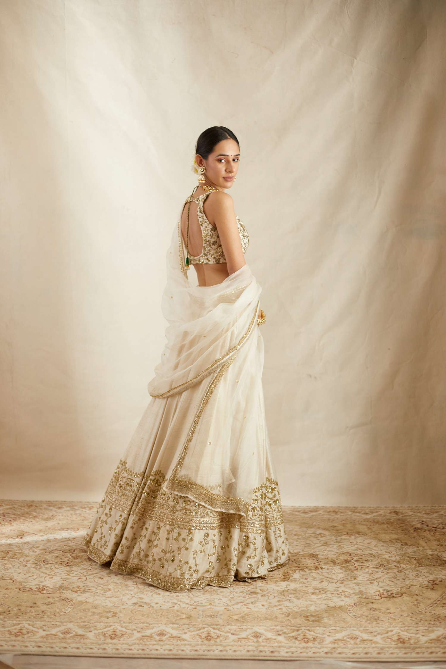Indian Off White Embroidered Raw Silk Lehenga Set (3-Piece) - Image 5