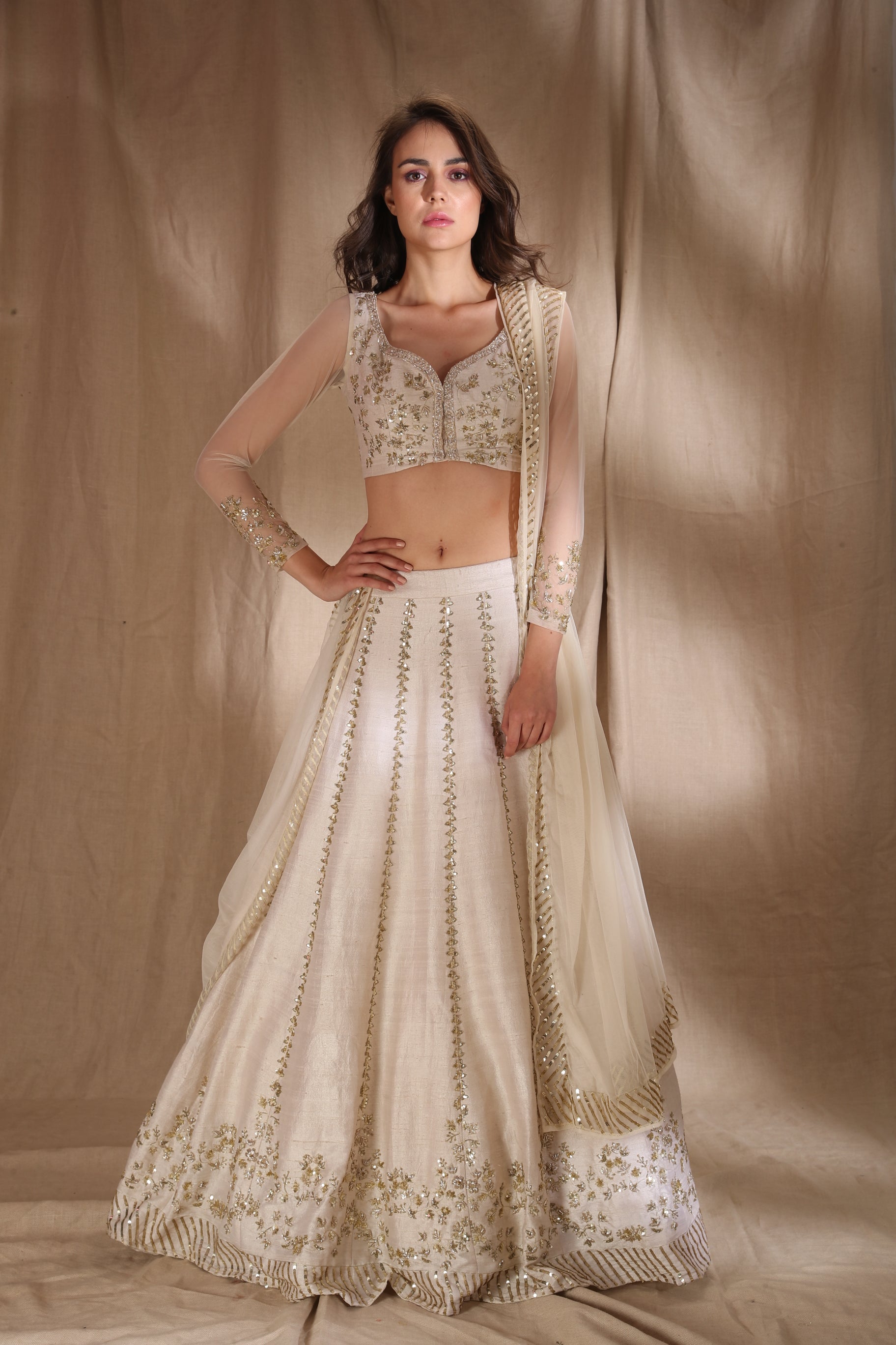 Off-White Zari Sequin Raw Silk Lehenga (3-Piece) - Image 1