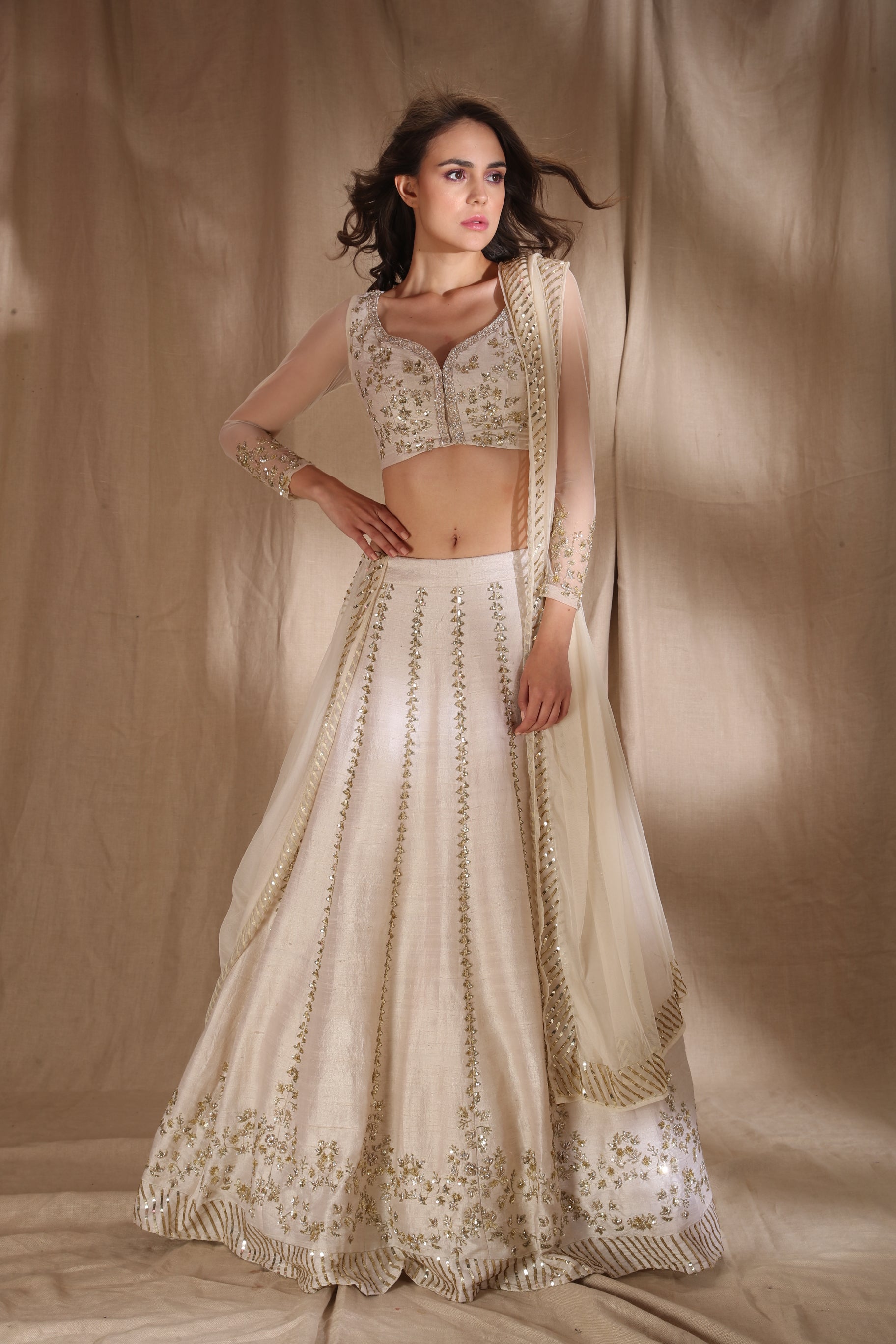 Off-White Zari Sequin Raw Silk Lehenga (3-Piece) - Image 2