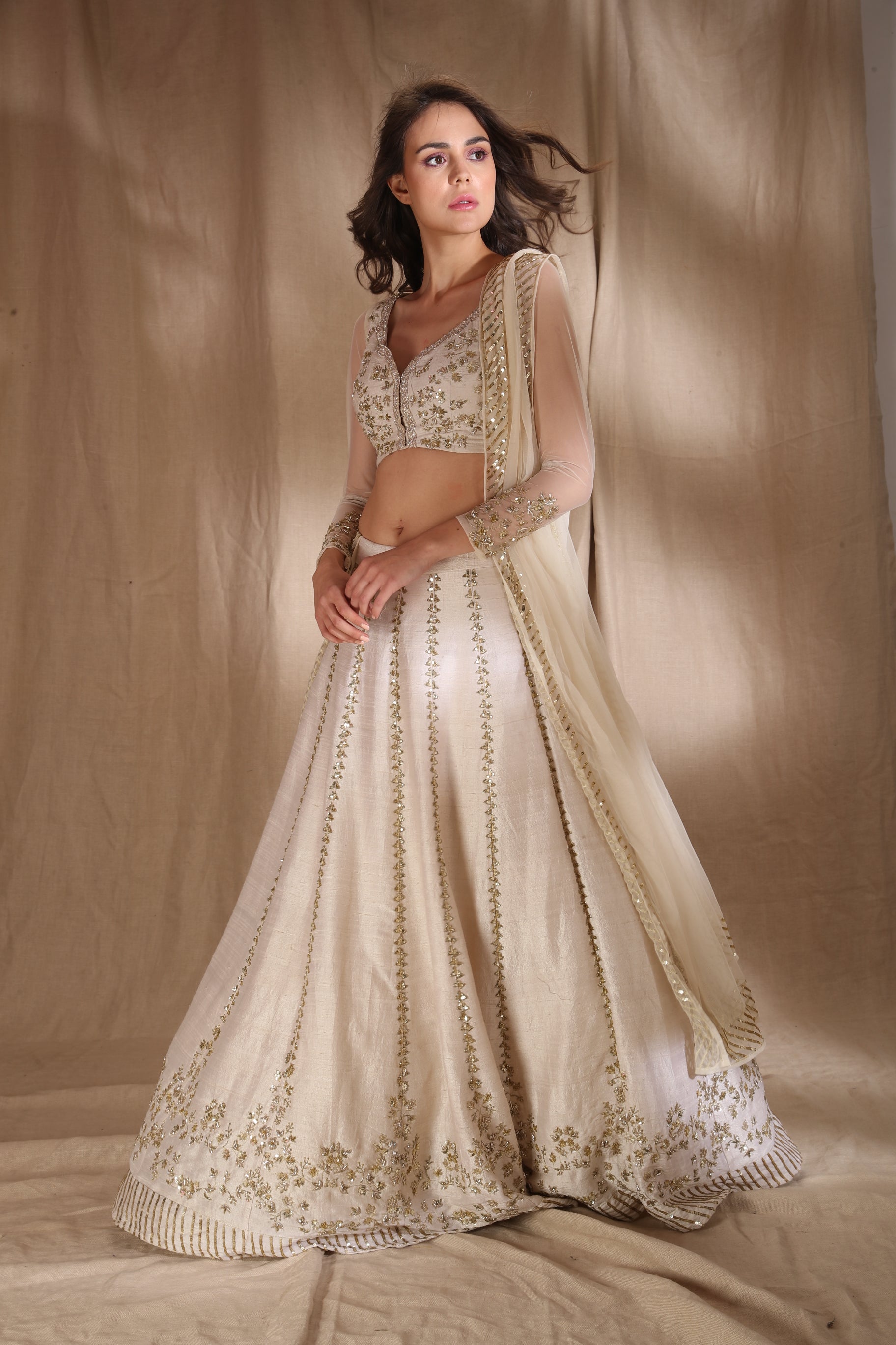 Off-White Zari Sequin Raw Silk Lehenga (3-Piece) - Image 4