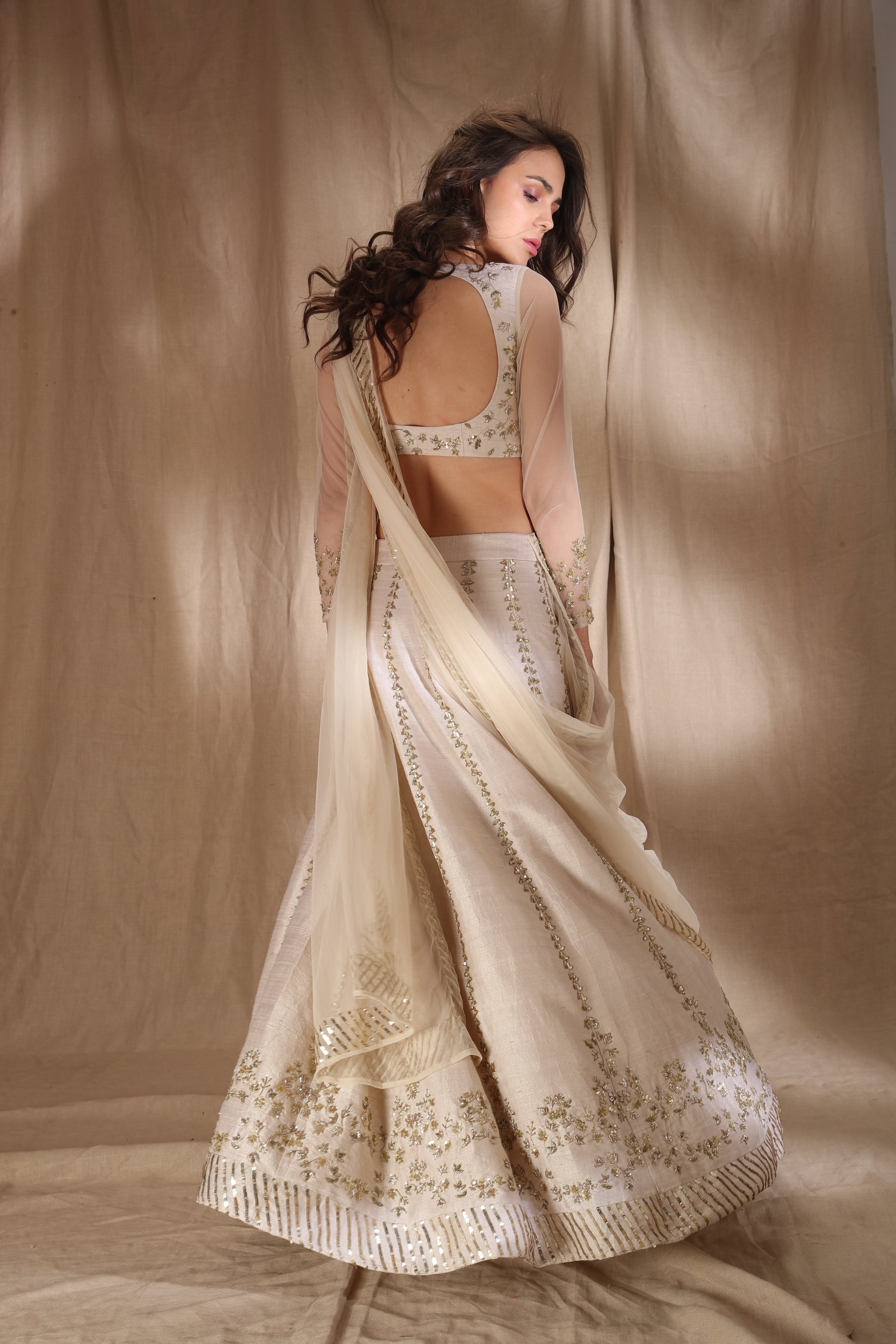 Off-White Zari Sequin Raw Silk Lehenga (3-Piece) - Image 5