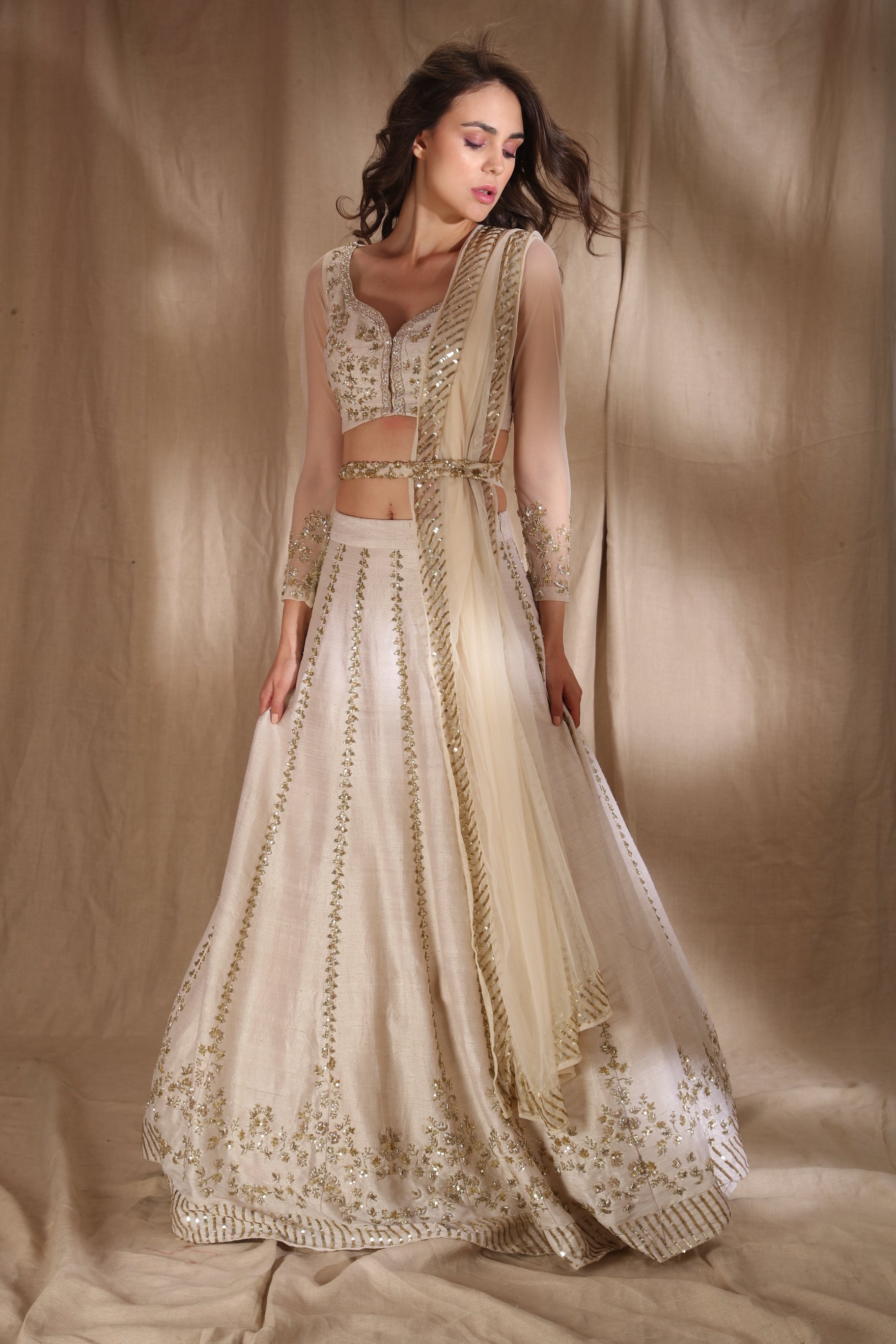 Off-White Zari Sequin Raw Silk Lehenga (3-Piece) - Image 6