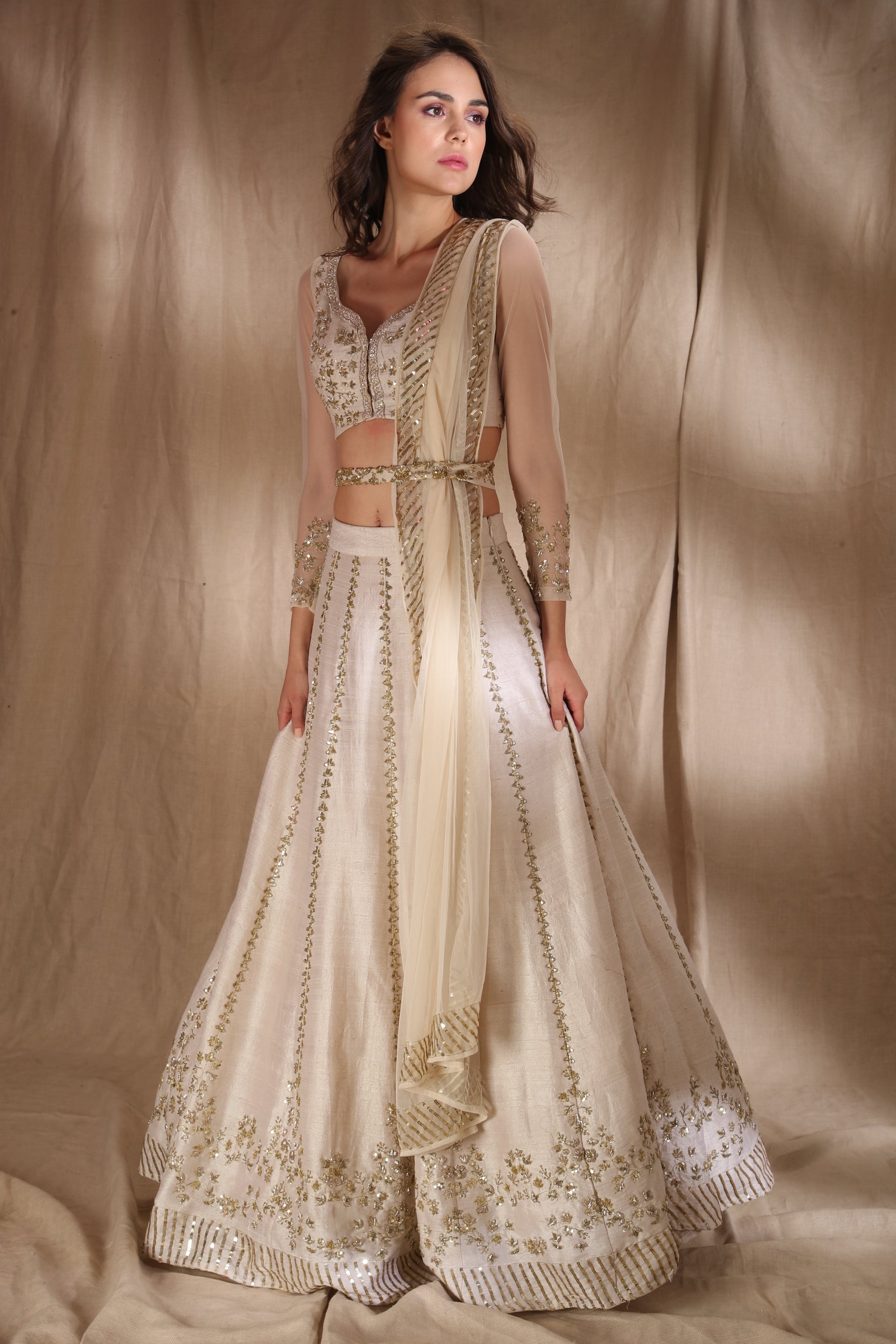 Off-White Zari Sequin Raw Silk Lehenga (3-Piece) - Image 7