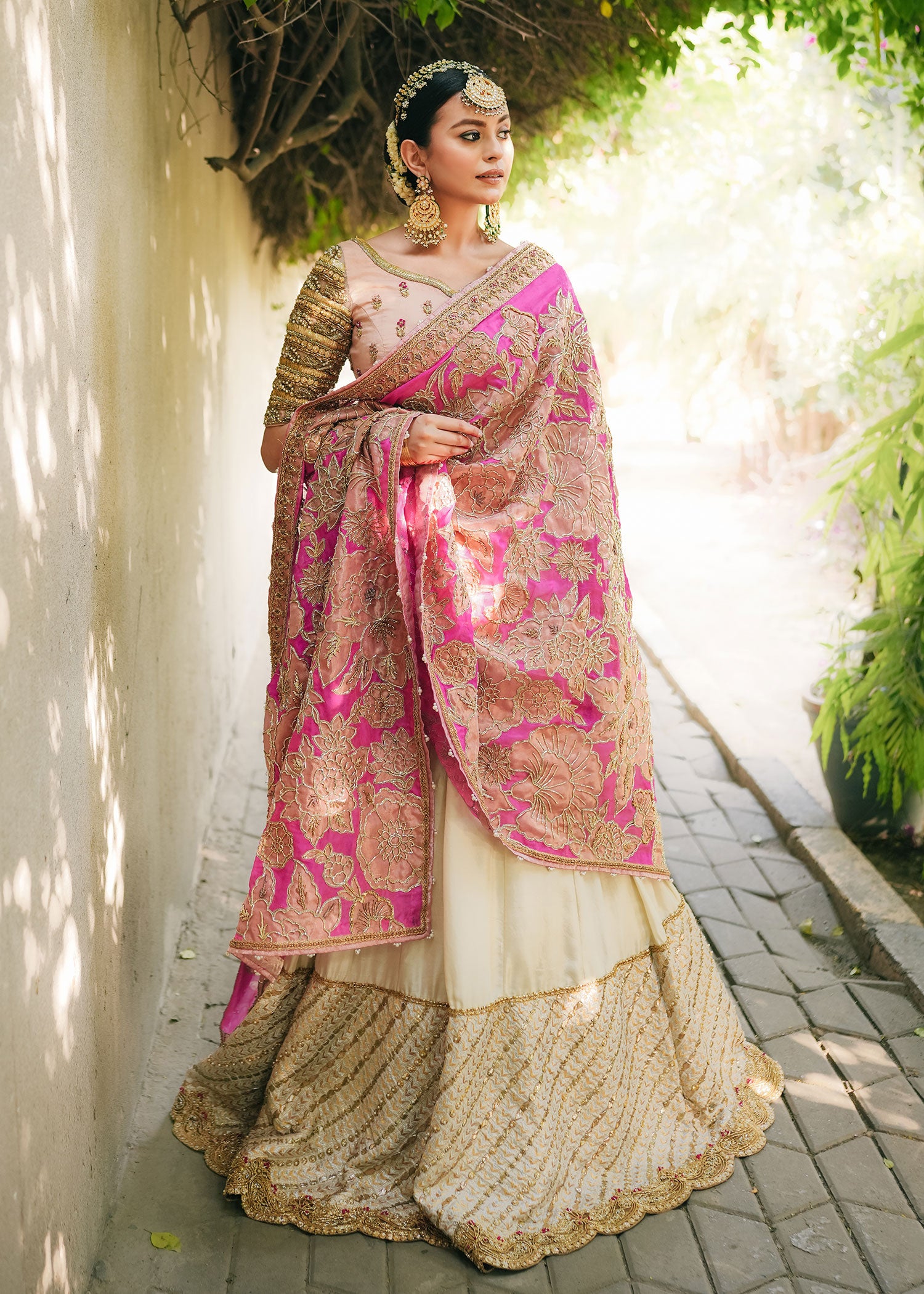Pakistani Ivory Gota & Resham Raw Silk Lehenga (3-Piece) - Image 1