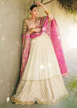 Pakistani Ivory Gota & Resham Raw Silk Lehenga (3-Piece) - Image 3