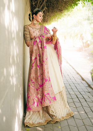 Pakistani Ivory Gota & Resham Raw Silk Lehenga (3-Piece) - Image 4