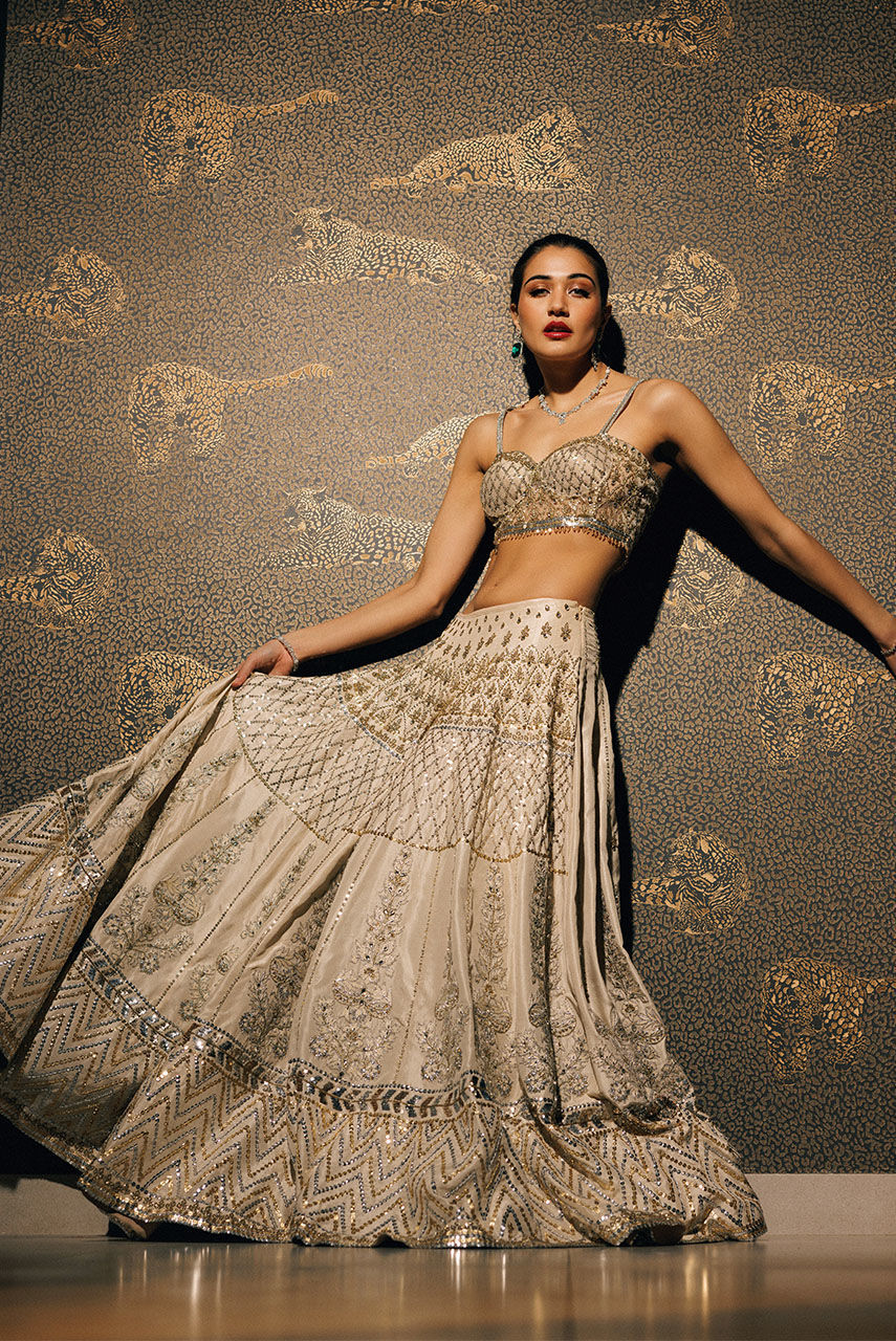 Pakistani Ivory Hand-Embellished Raw Silk Bridal Lehnga Choli (3-Piece) - Image 1