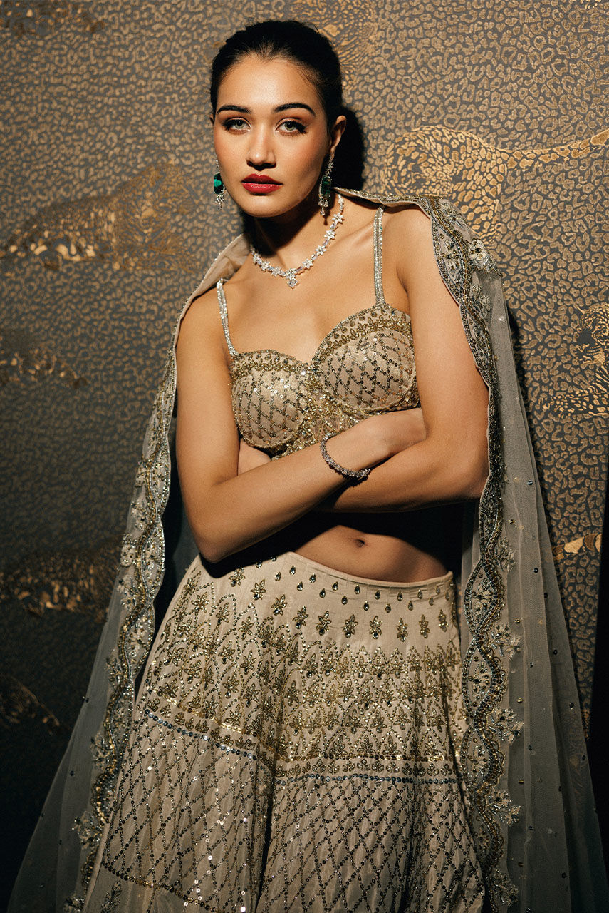 Pakistani Ivory Hand-Embellished Raw Silk Bridal Lehnga Choli (3-Piece) - Image 2