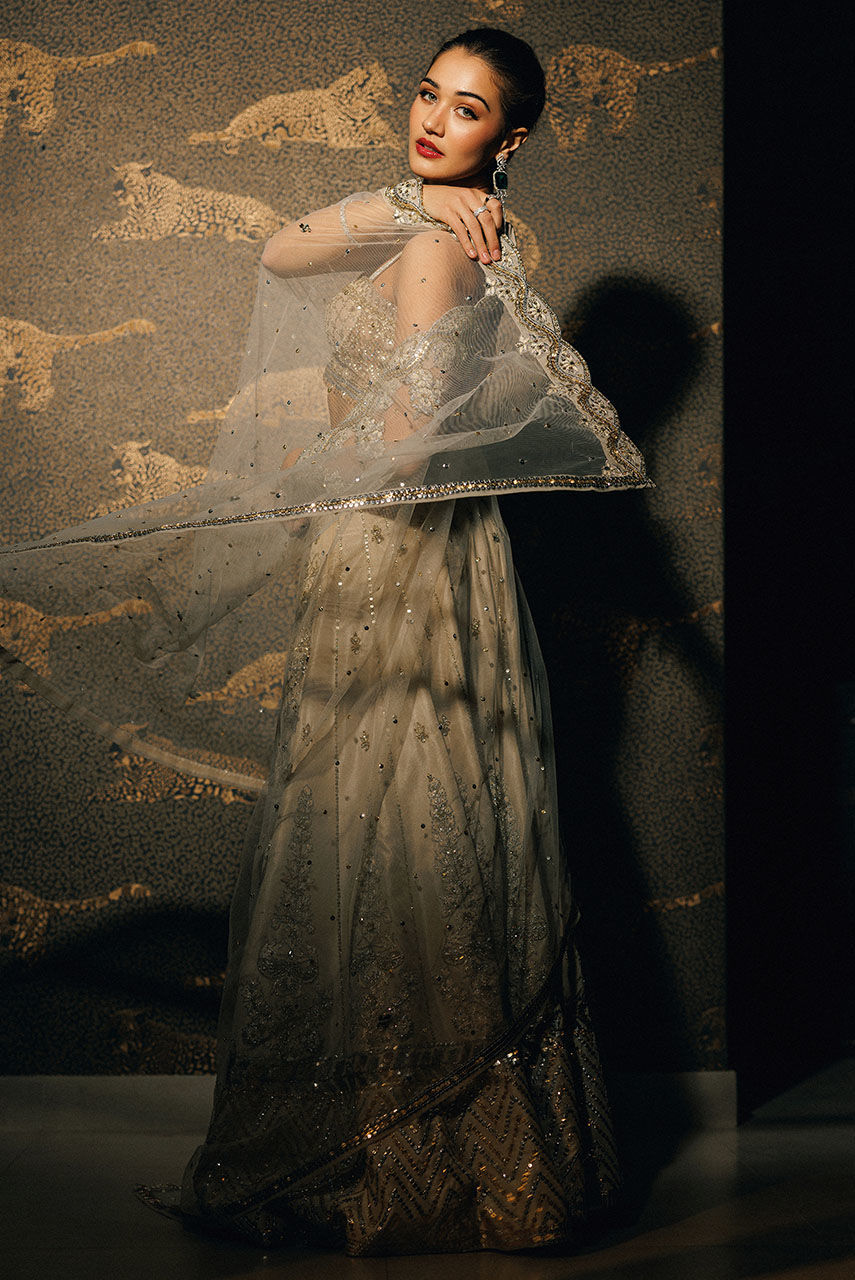 Pakistani Ivory Hand-Embellished Raw Silk Bridal Lehnga Choli (3-Piece) - Image 3