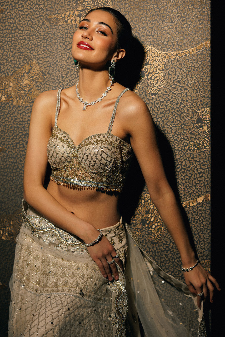 Pakistani Ivory Hand-Embellished Raw Silk Bridal Lehnga Choli (3-Piece) - Image 5