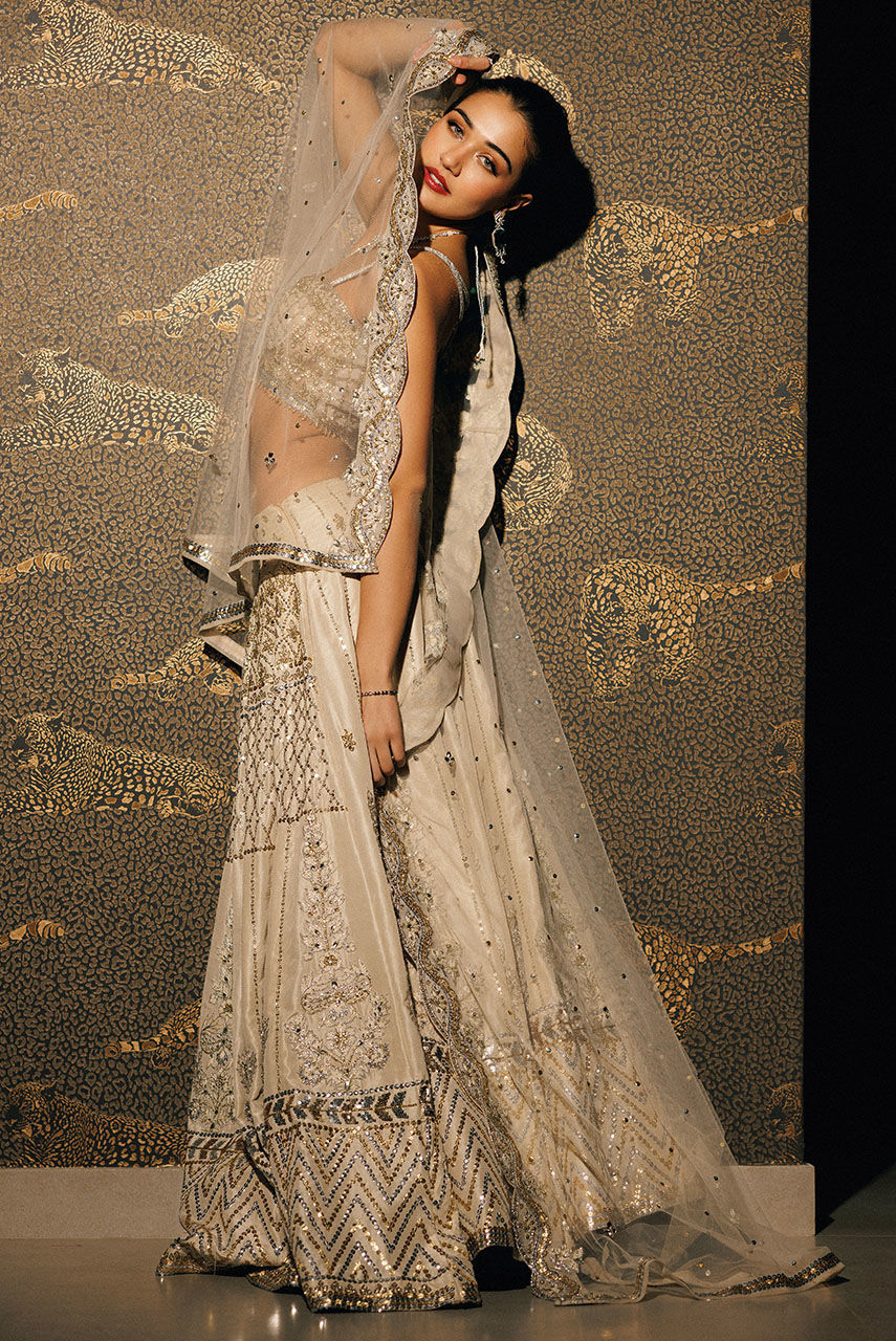 Pakistani Ivory Hand-Embellished Raw Silk Bridal Lehnga Choli (3-Piece) - Image 6