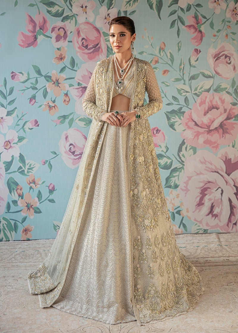 Ivory White Embroidered Net Gown with Raw Silk Lehenga (4-Piece) - Image 1