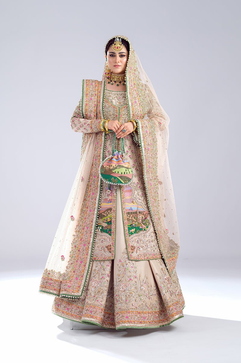 Pakistani Ivory Embroidered Raw Silk Bridal Lehenga (3-Piece) - Image 1