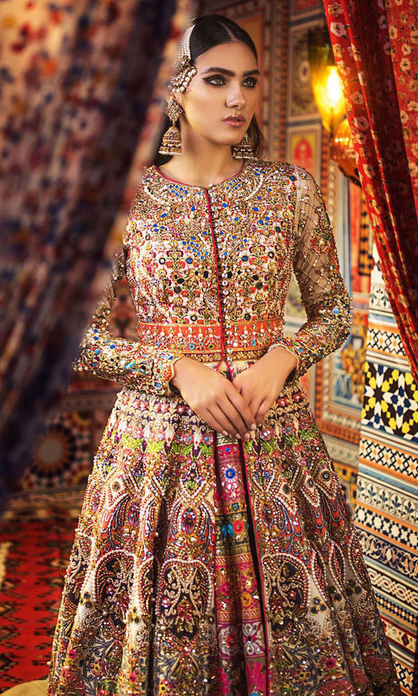 Pakistani Ivory Embroidered Raw Silk Jacket Lehenga (2-Piece) - Image 4