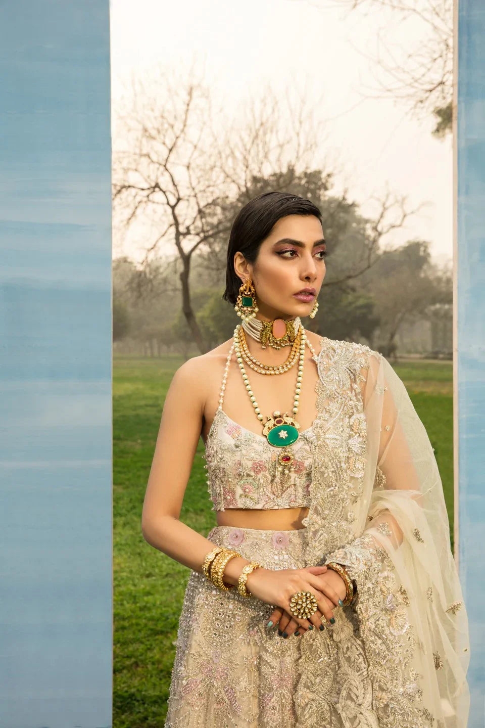 Pakistani Ivory Mirror & Floral Raw Silk Lehnga Choli (3-Piece) - Image 1