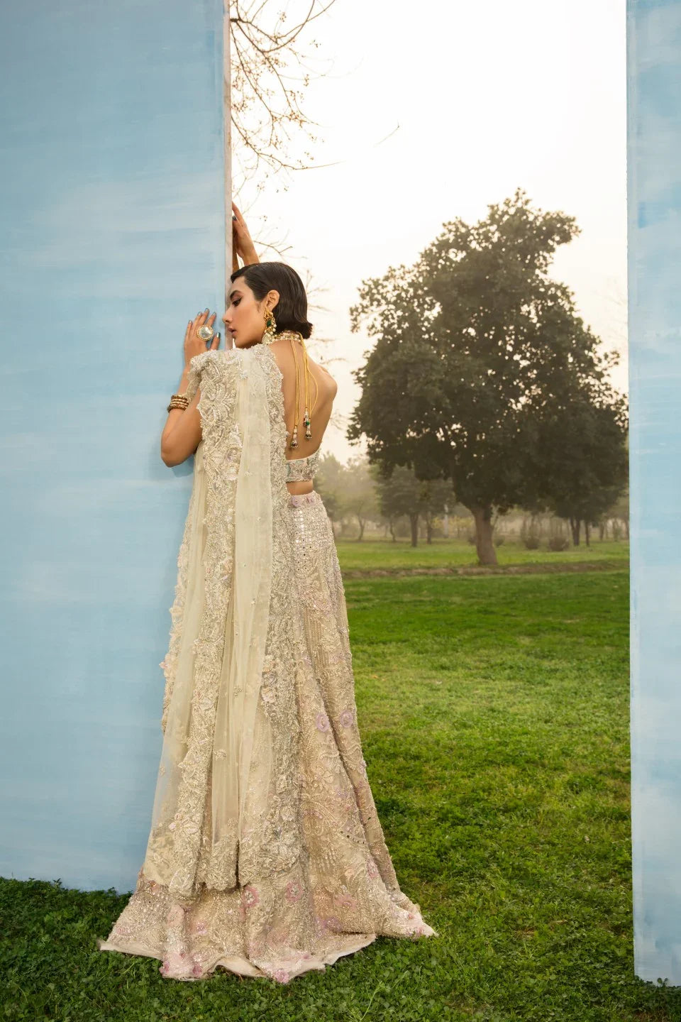 Pakistani Ivory Mirror & Floral Raw Silk Lehnga Choli (3-Piece) - Image 2