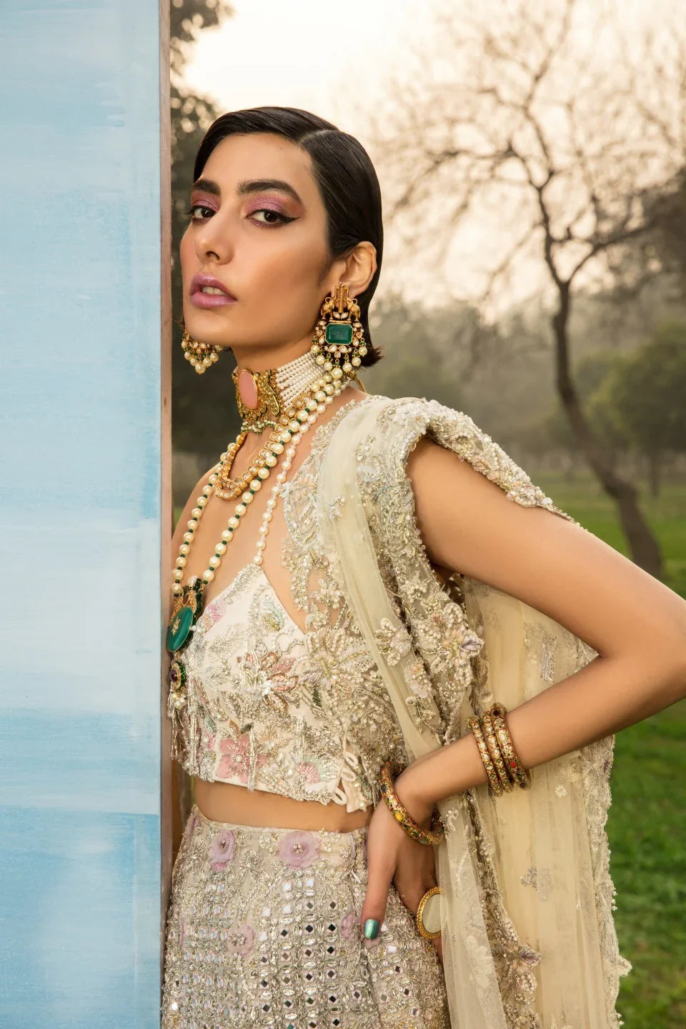 Pakistani Ivory Mirror & Floral Raw Silk Lehnga Choli (3-Piece) - Image 3