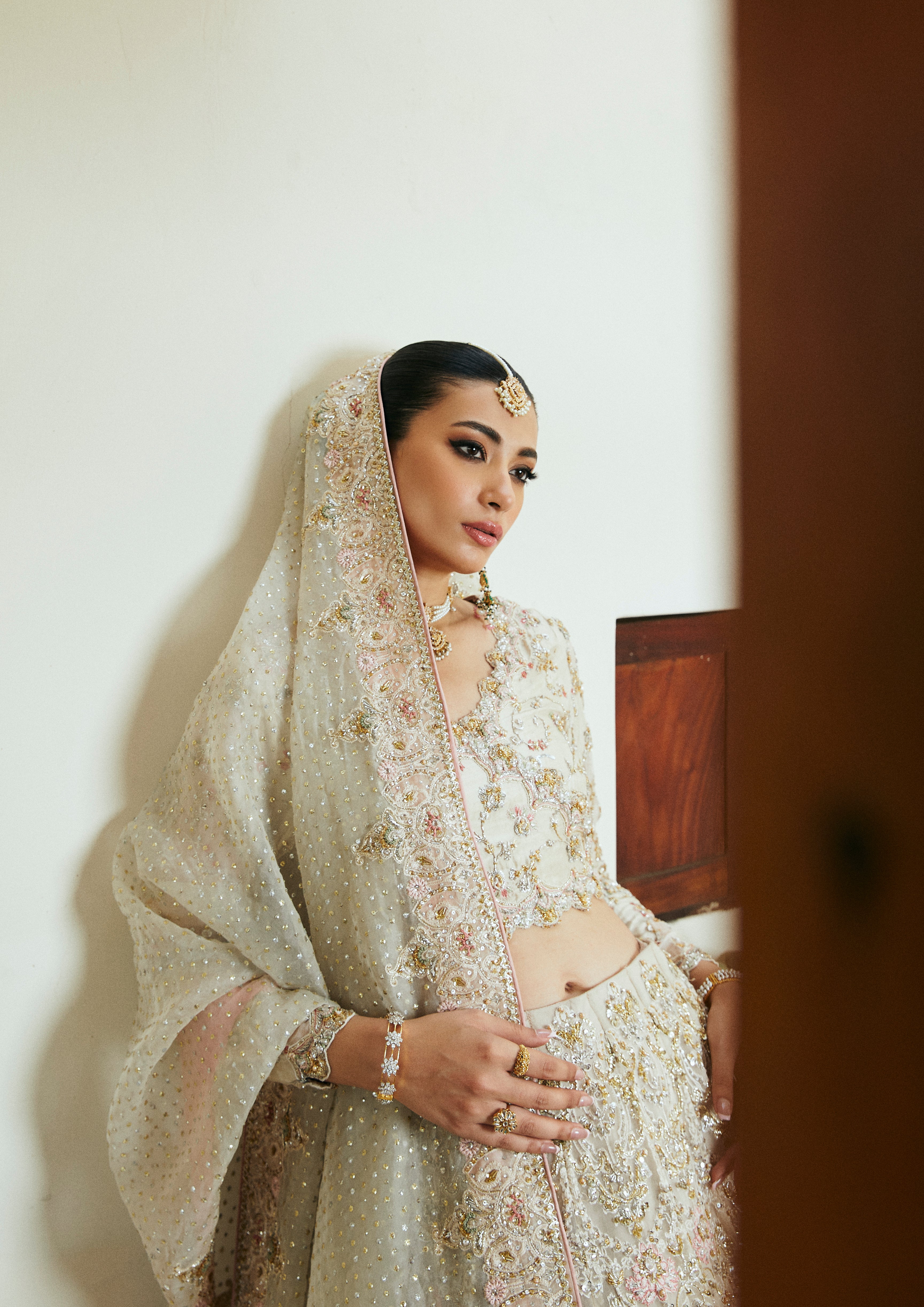 Ivory Hand-Embellished Raw Silk Lehenga Choli (3-Piece) - Image 4