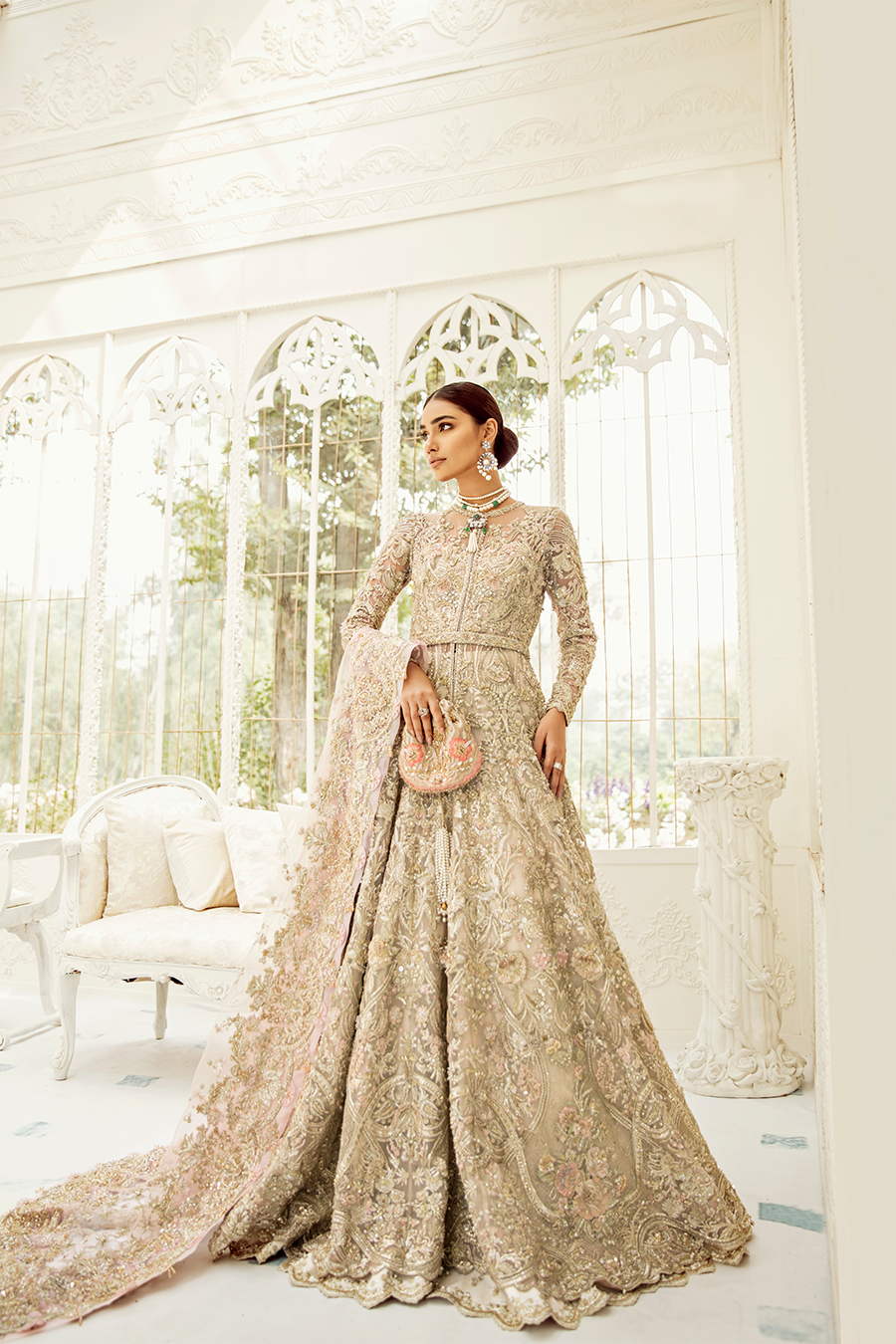 Pakistani Ivory Raw Silk Bridal Lehenga with Sequins & Pearls (3-Piece) - Image 1