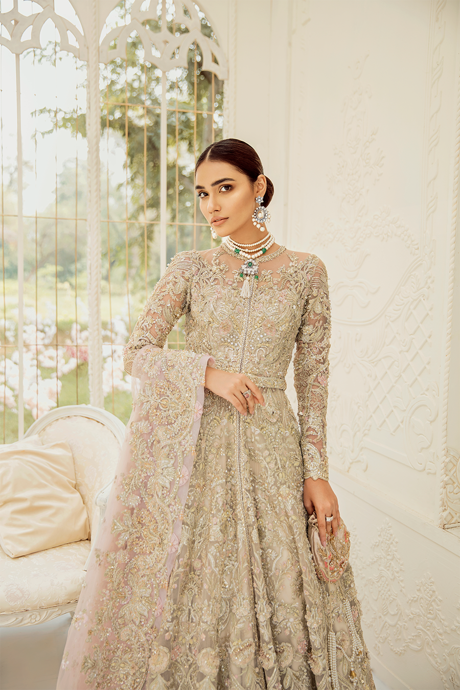 Pakistani Ivory Raw Silk Bridal Lehenga with Sequins & Pearls (3-Piece) - Image 5