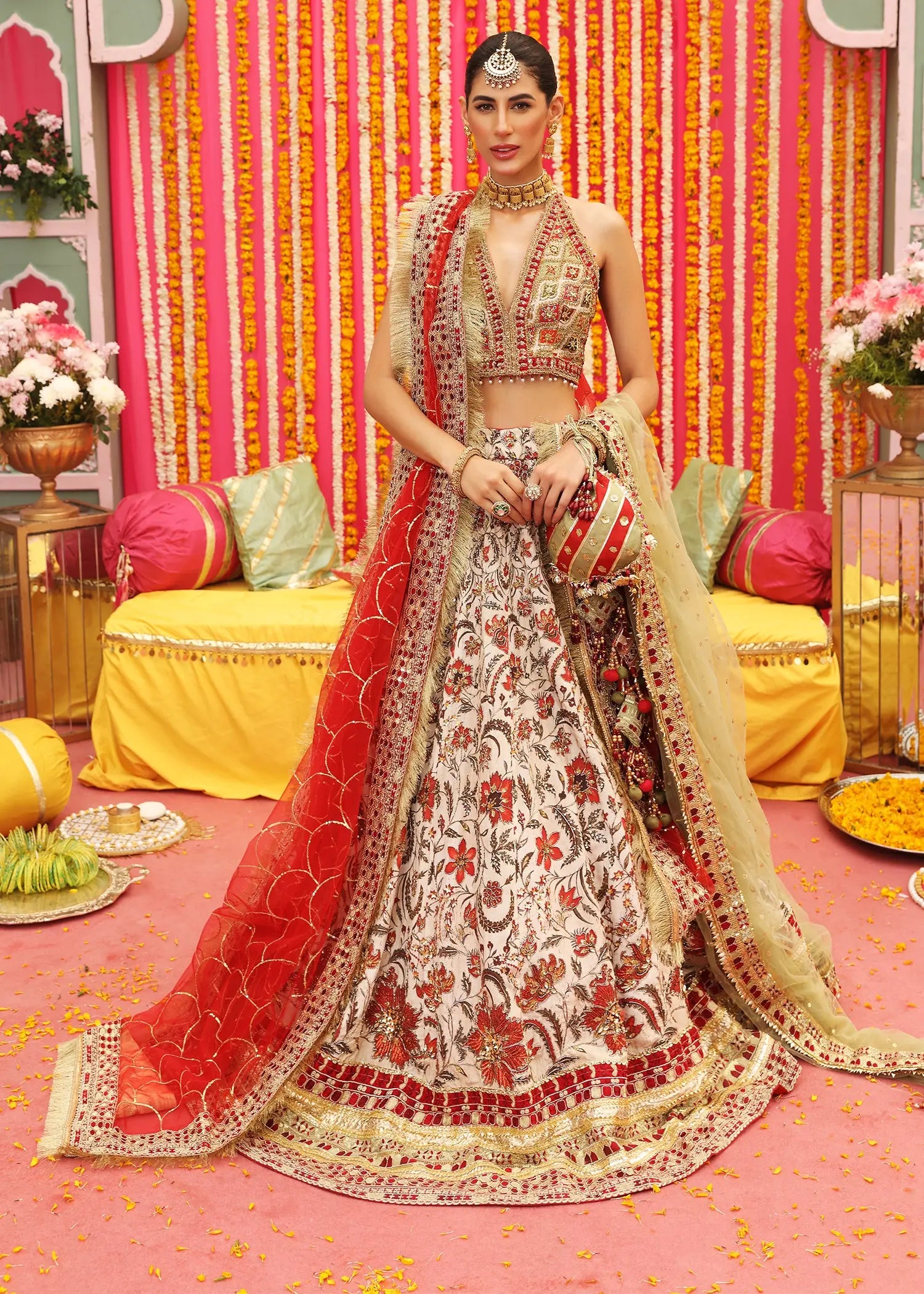 Ivory & Red Embellished Korean Raw Silk Lehenga Choli (3-Piece) - Image 1