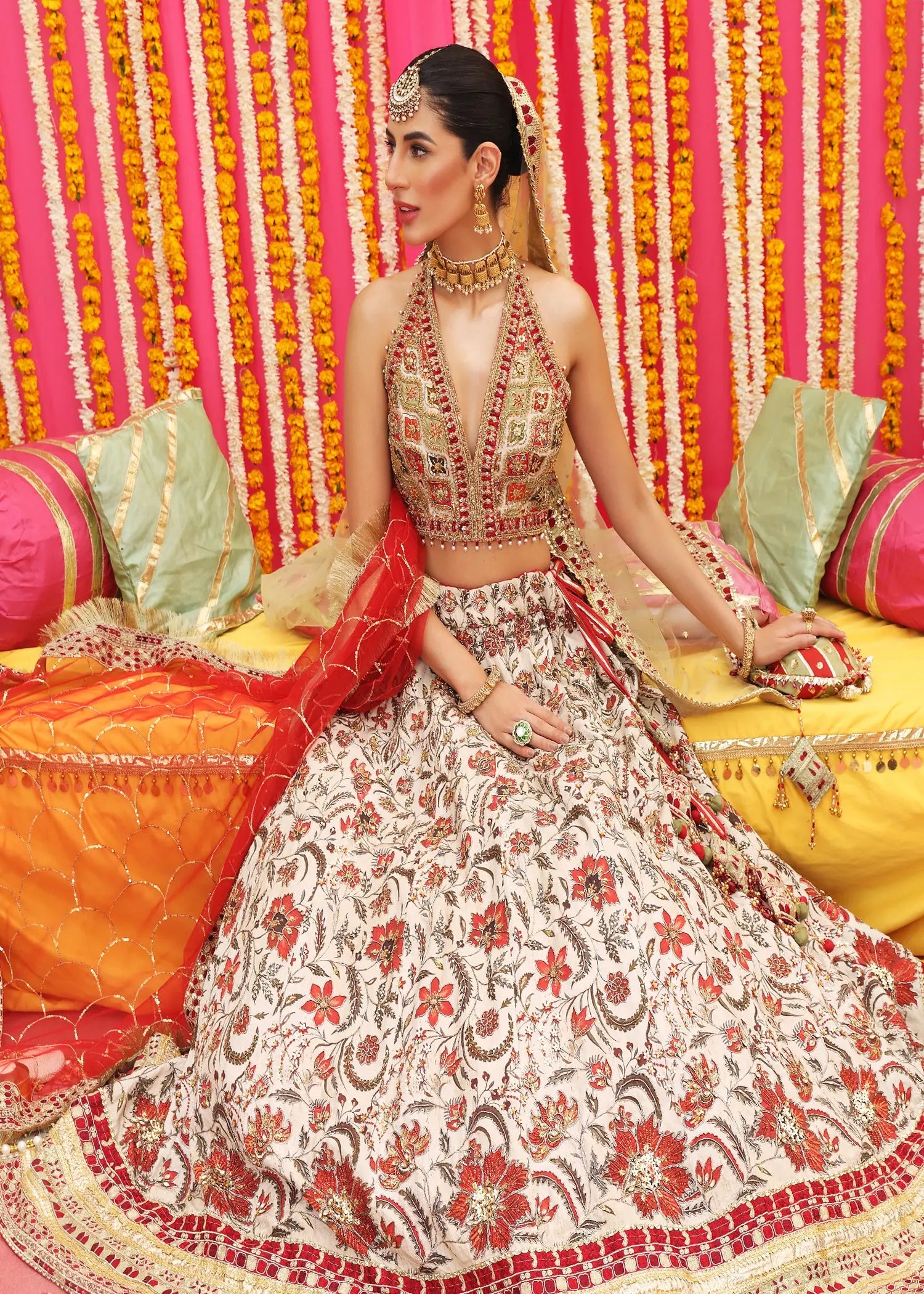 Ivory & Red Embellished Korean Raw Silk Lehenga Choli (3-Piece) - Image 10