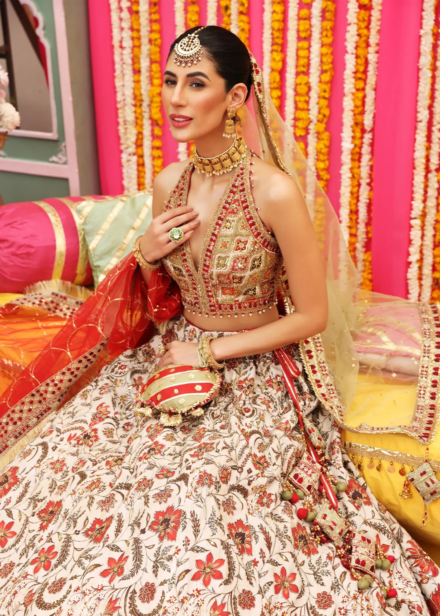 Ivory & Red Embellished Korean Raw Silk Lehenga Choli (3-Piece) - Image 2