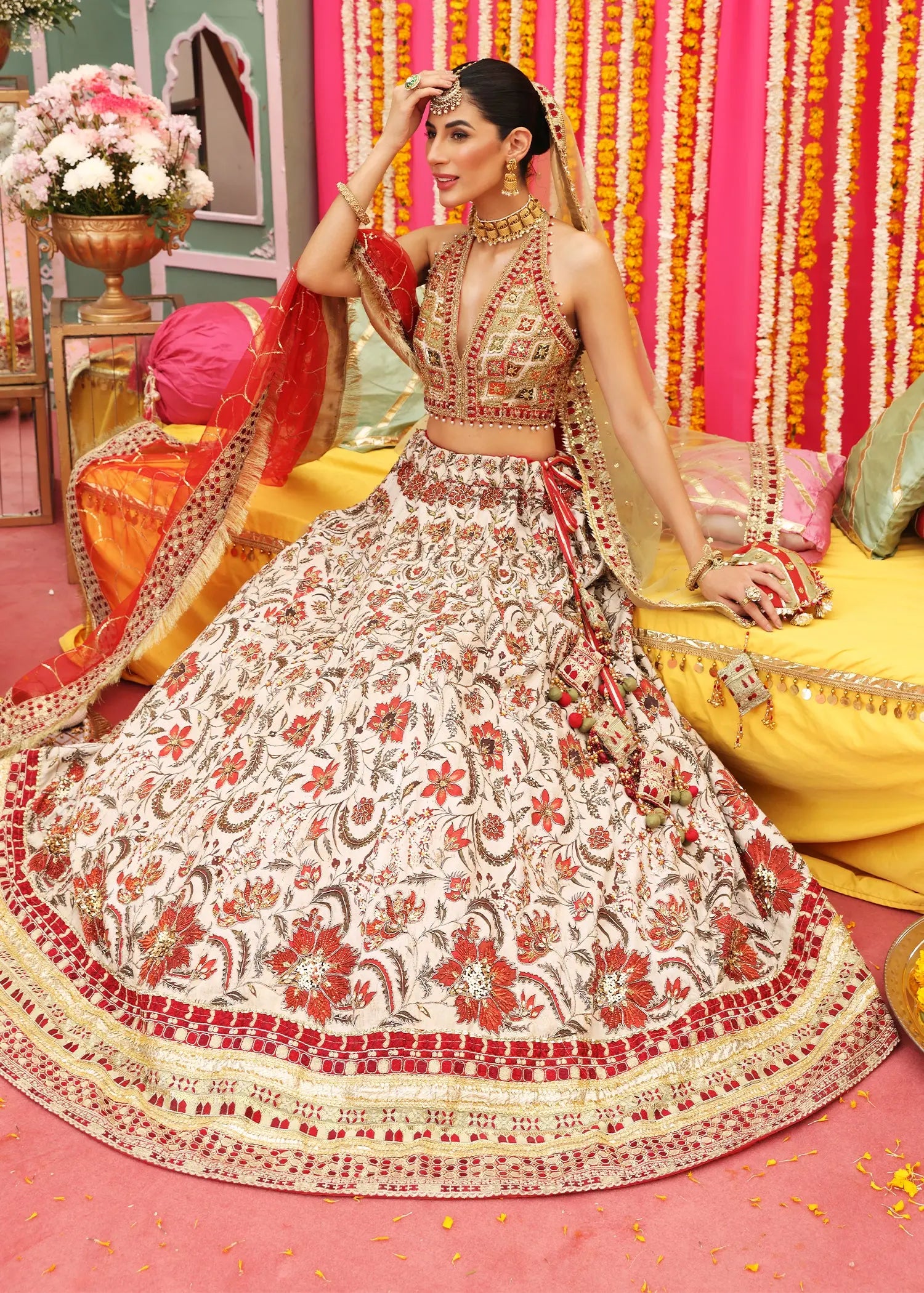 Ivory & Red Embellished Korean Raw Silk Lehenga Choli (3-Piece) - Image 3