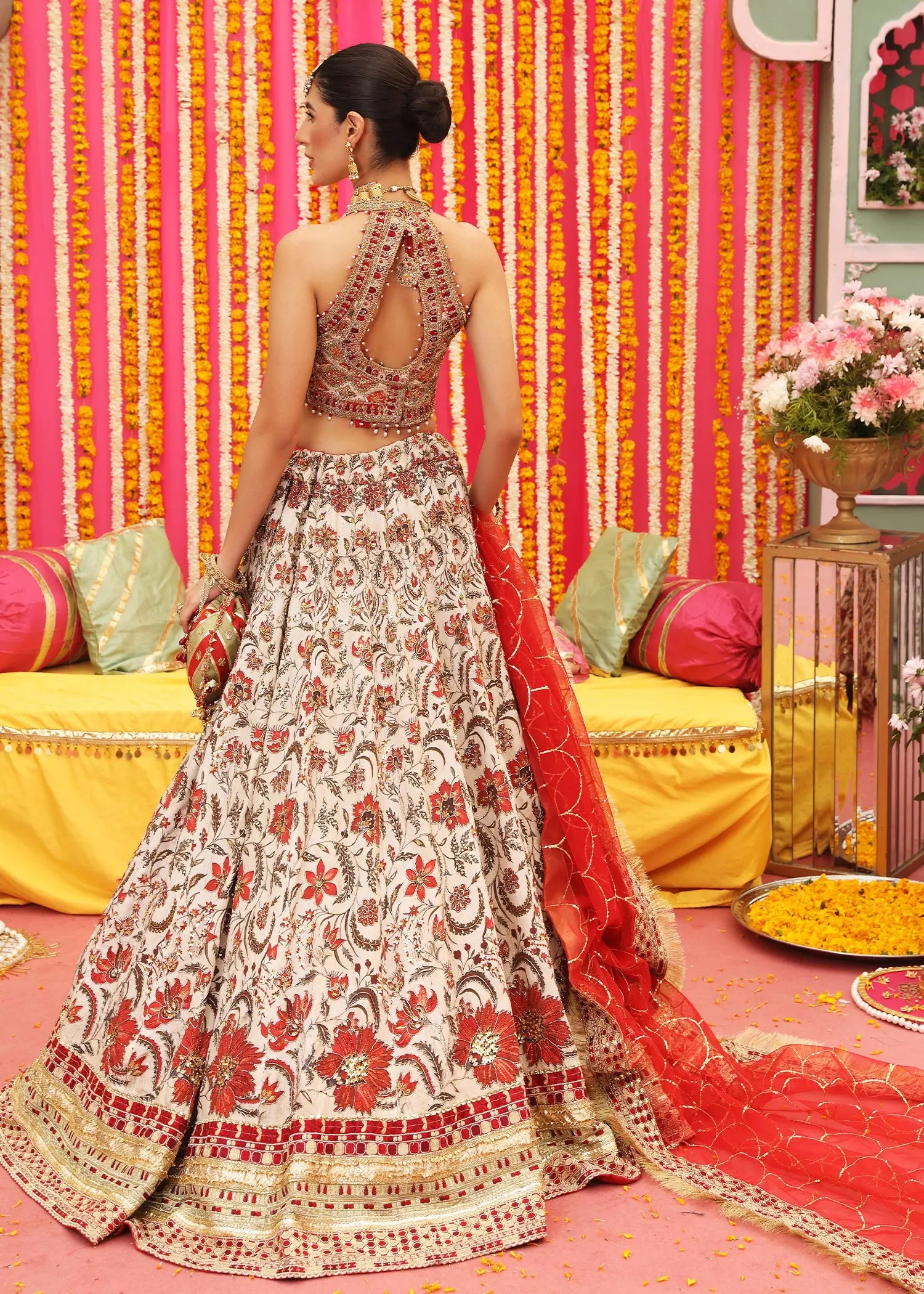 Ivory & Red Embellished Korean Raw Silk Lehenga Choli (3-Piece) - Image 4