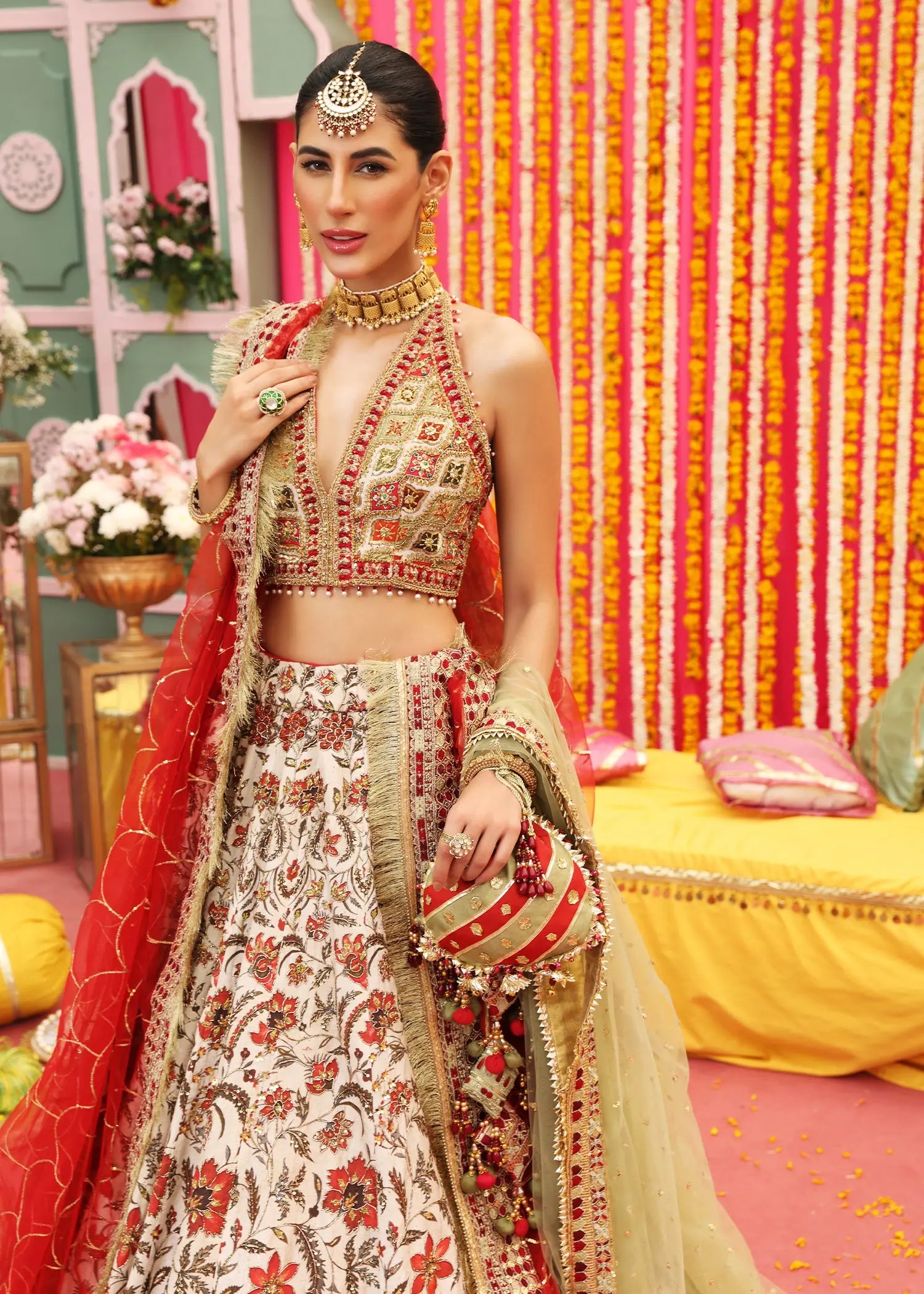 Ivory & Red Embellished Korean Raw Silk Lehenga Choli (3-Piece) - Image 5