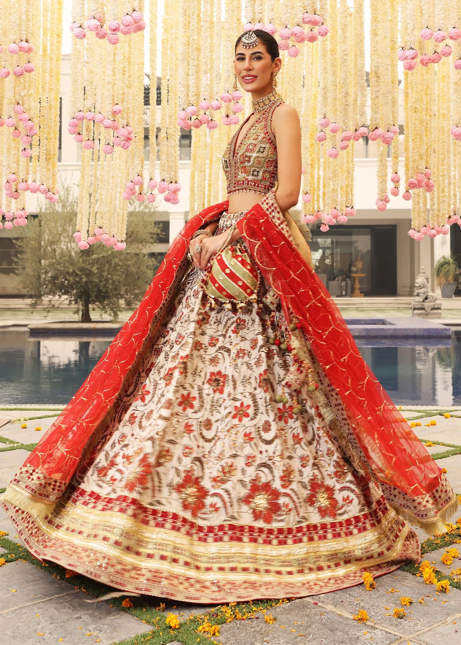 Ivory & Red Embellished Korean Raw Silk Lehenga Choli (3-Piece) - Image 6